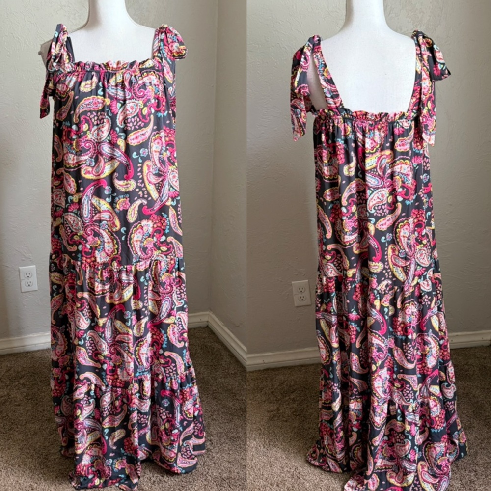 Emily Wonder Paisley Print Tie Shoulder Maxi Dress S Blue Pink Yellow Teal